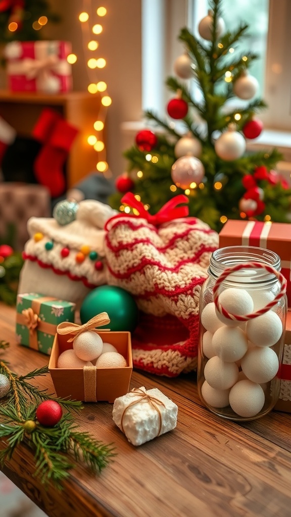A collection of DIY Christmas gifts including ornaments, a scarf, and bath bombs on a decorated table.